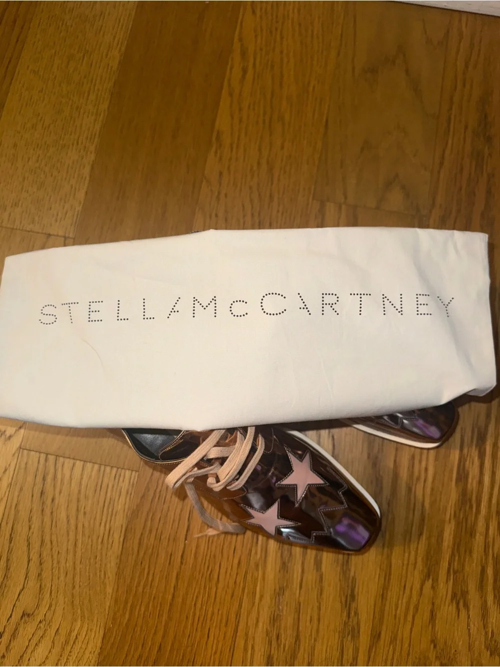 Stella McCartney Metallic Rose Gold Platform Lace-Up Sneakers with Pink Stars